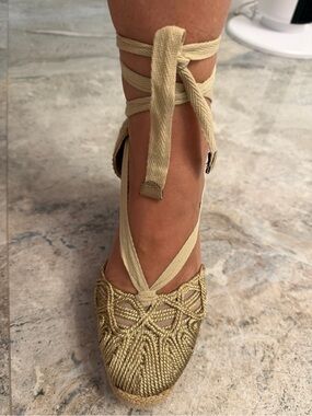 Corona Woven Gold Espadrille Lace-Up Wedges